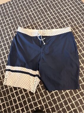 BYLT Basics Navy Swim Trunks with White Polka Dot Trim
